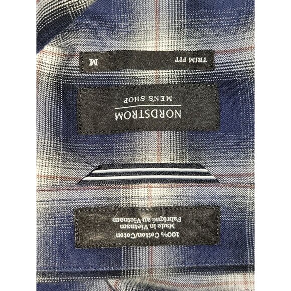 Nordstrom Mens Trim Fit Long Sleeve Blue & White Plaid Button-Up Shirt 100% Cott - Picture 3 of 5